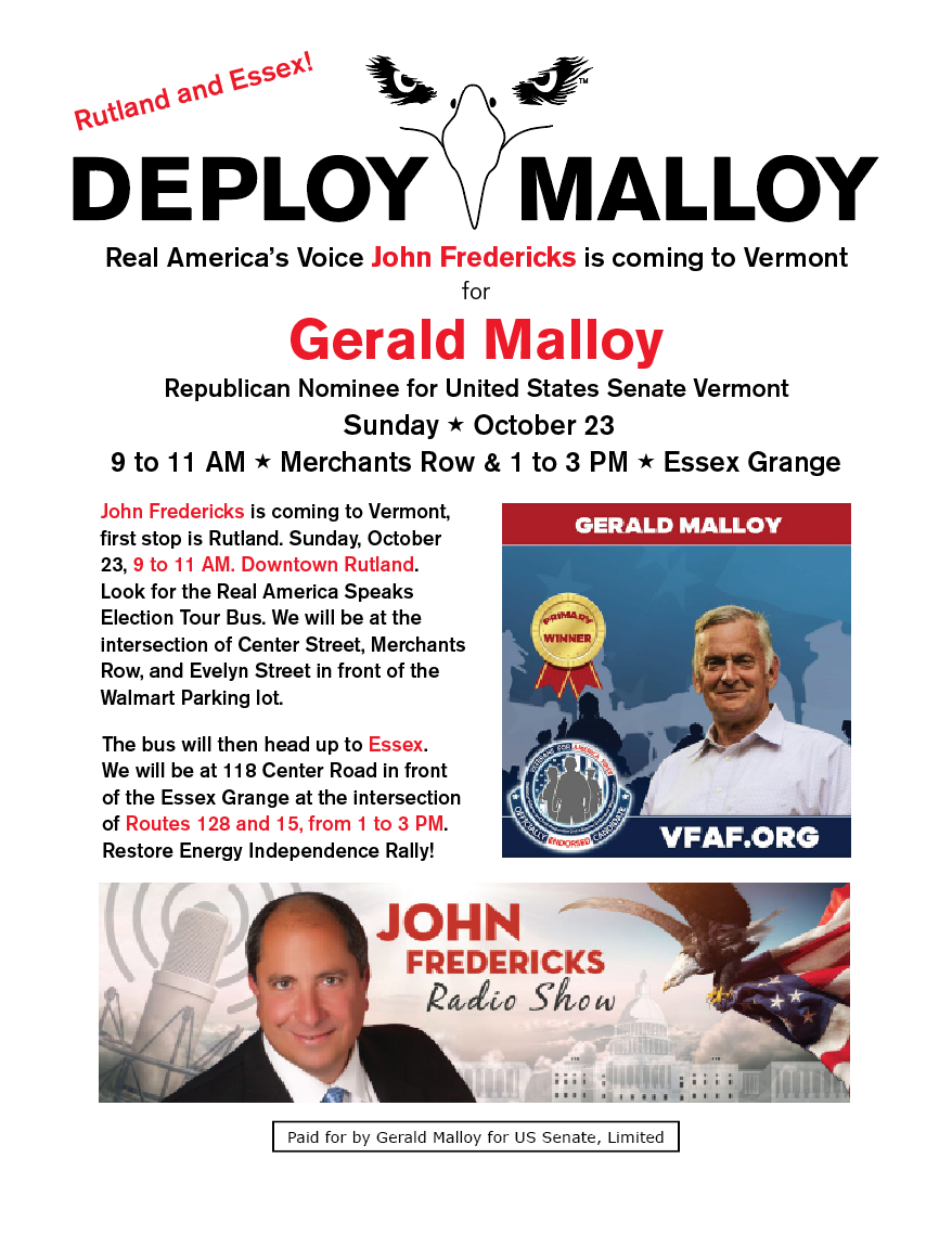 Poster for John Fredricks Election Bus Tour Stops Rutland and Essex Vermont